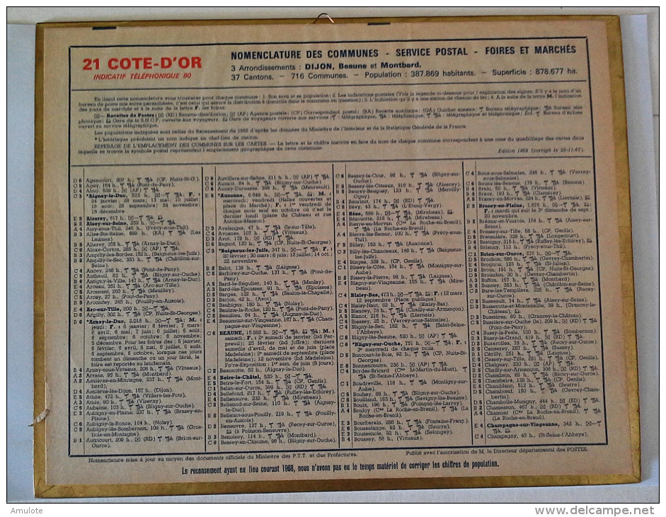 (21) COTE D'OR  Calendrier Almanach Des PTT 1969 - Grand Format : 1961-70