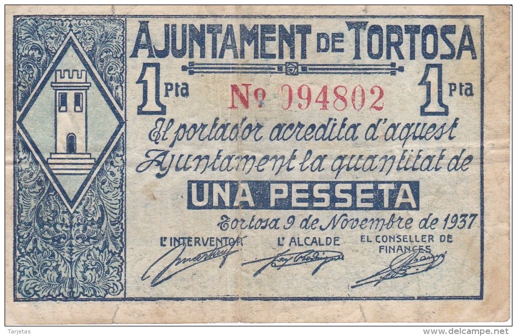 BILLETE DE 1 PTA  DEL AJUNTAMENT DE TORTOSA DE NOVIEMBRE 1937 (BANKNOTE) - 1-2 Peseten