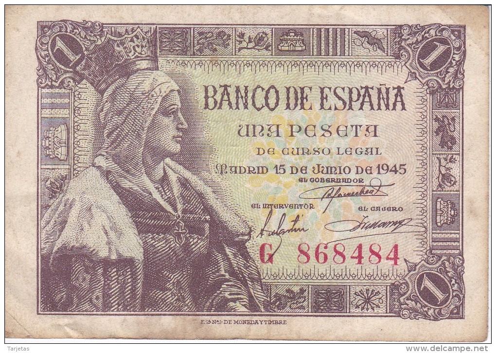 BILLETE DE ESPAÑA DE 1 PTA DEL 15/06/1945 ISABEL LA CATÓLICA SERIE G (BANK NOTE) - 1-2 Peseten