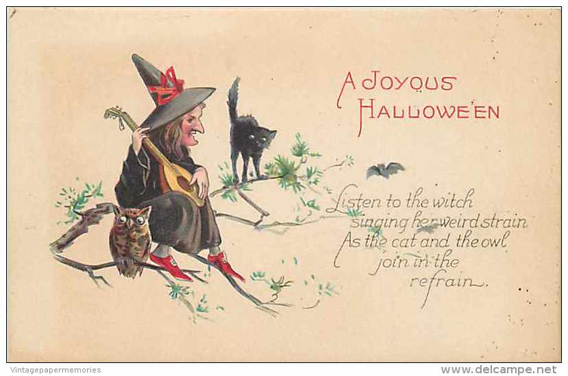 241639- Halloween, Stecher No 1238 C, Witch Playing Mandolin For Owl & Black Cat - Halloween