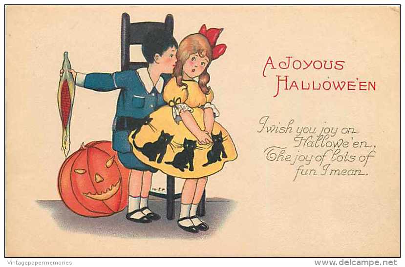 241643- Halloween, Stecher No 1239 A, Boy Holding An Ear Of Red Corn Whispering Into A Girl´s Ear, Jack O Lantern - Halloween