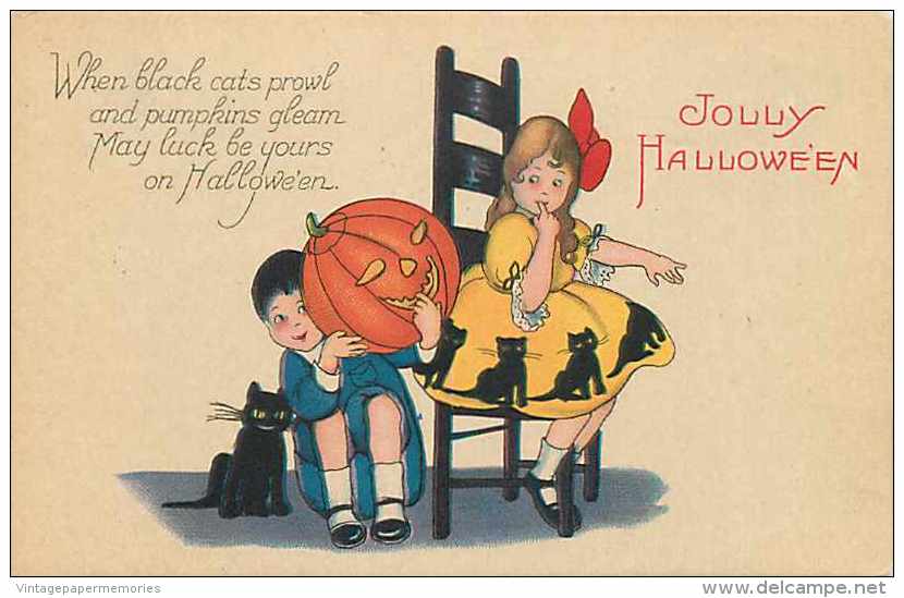 241647- Halloween, Stecher No 1239 C, Boy Sitting With A Black Cat Holding A Jack O Lantern Trying To Scare A Girl - Halloween