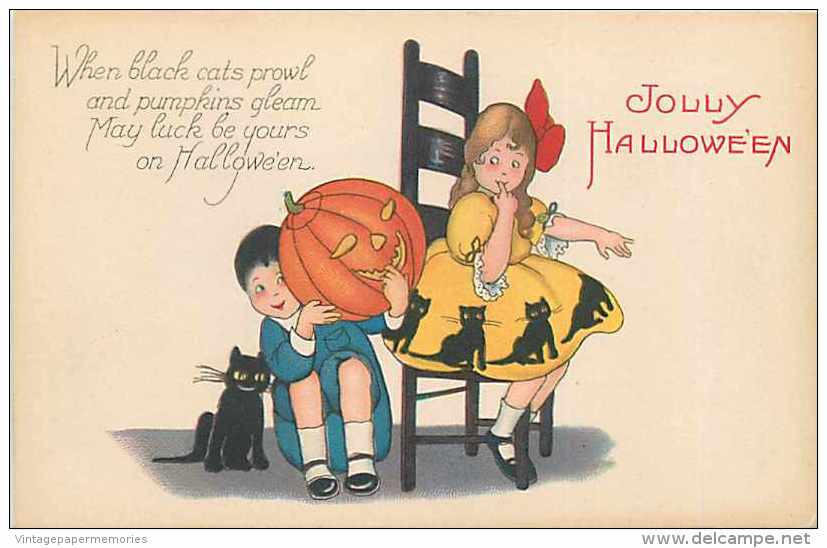 241649- Halloween, Stecher No 1239 C, Boy Sitting With A Black Cat Holding A Jack O Lantern Trying To Scare A Girl - Halloween