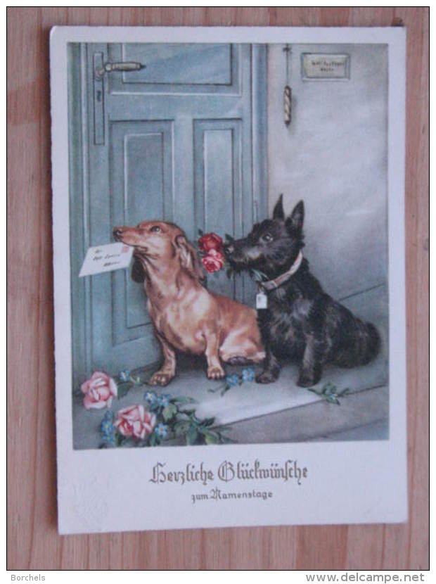 Hund047 : Dackel Und Schnautzer  -"Herzliche Glückwünsche Zum Namenstage" - 1956 Gelaufen - Gut Erhalten - Hunde