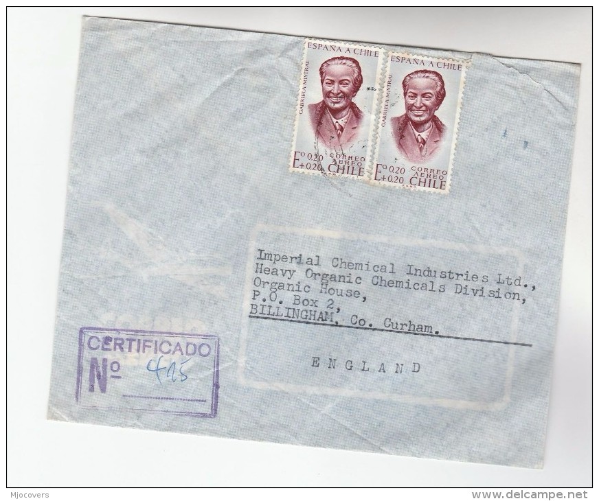 REGISTERED Air Mail CHILE  Stamps  COVER To GB - Chile