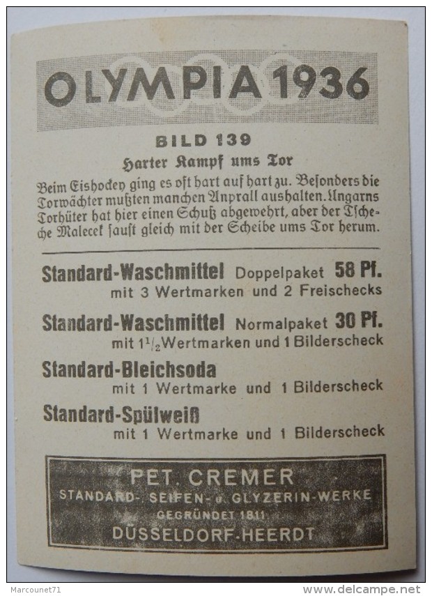 VIGNETTE JEUX OLYMPIQUES J.O Garmisch-Partenkirchen OLYMPIA 1936 PET CREMER DUSSELDORF BILD 139 HOCKEY SUR GLACE - Trading Cards