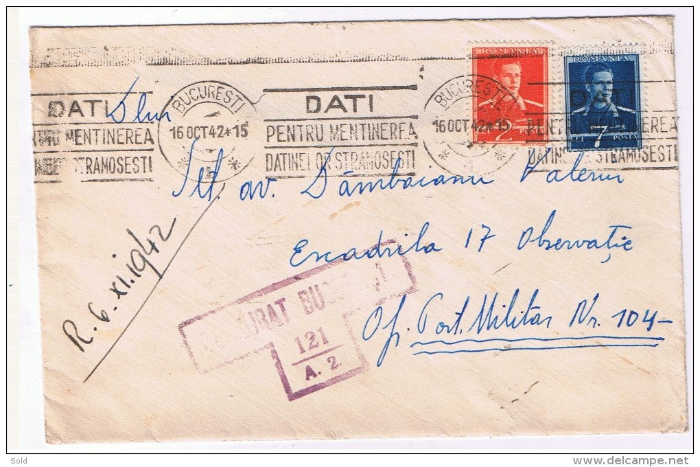 Romania Recomandata / Cenzurat Bucuresti / Francat. Mecanica 1942/ Escadrila 17 Observatie / Of Post Mil 104 - 2de Wereldoorlog (Brieven)