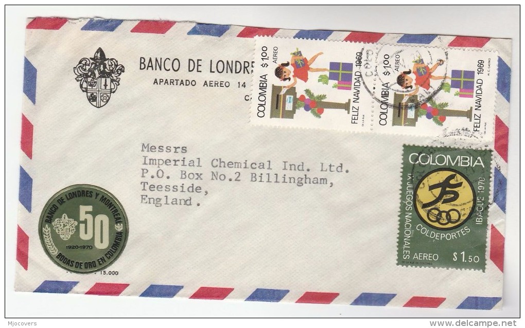 1970 Air Mail COLOMBIA BANK COVER With BANCO DE LONDRES Y MONTEAL 50th ANNIV LABEL  To GB Christmas Stamps Banking - Colombia