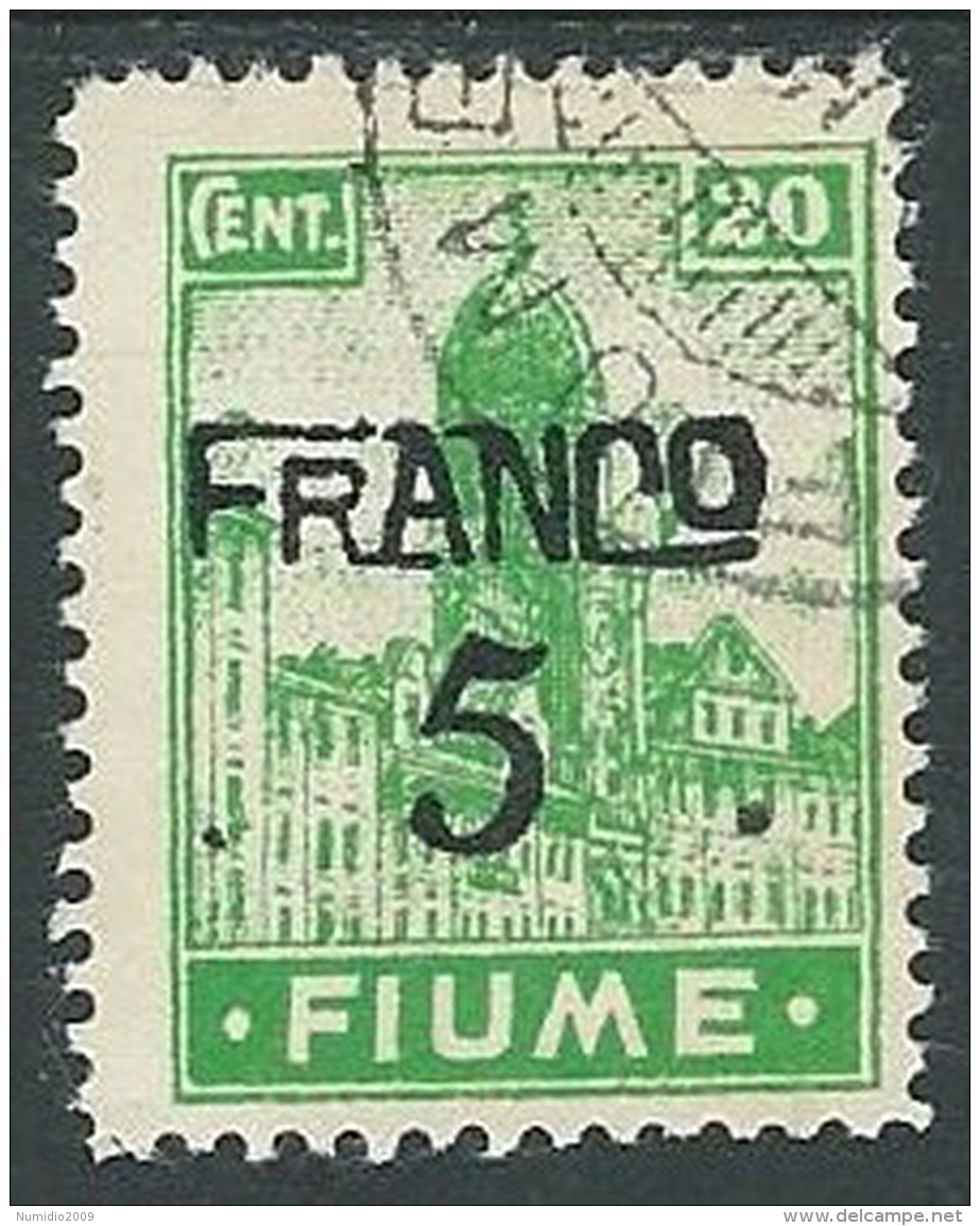 1919 FIUME USATO FRANCO FIUME 5 SU 20 CENT CARTA C II TIPO - F2.5 - Fiume