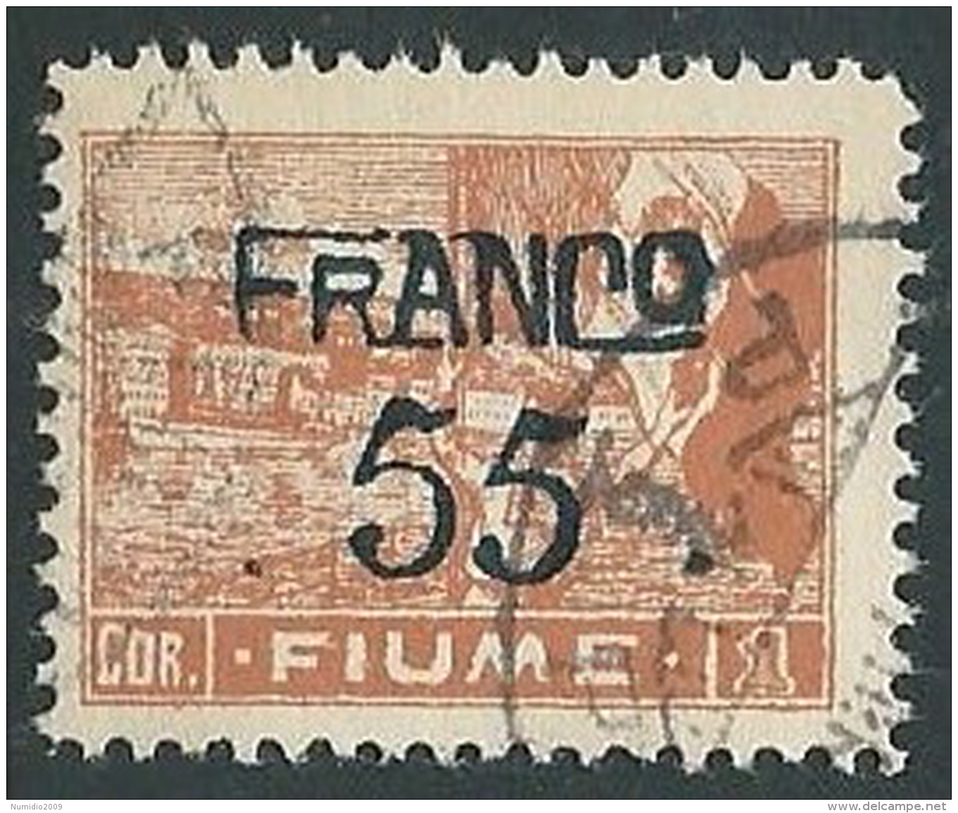 1919 FIUME USATO FRANCO FIUME 55 CENT SU 1 COR CARTA C - F2.5 - Fiume