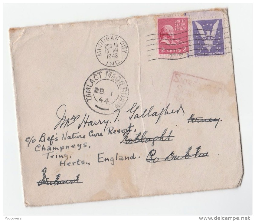 1943 USA To TALLAGHT  IRELAND With IRISH Marking REDIRECTED To Tring GB Cover Stamps - Covers & Documents