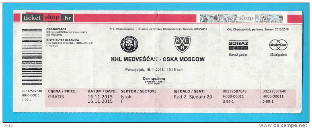 KHLMEDVESCAK : CSKA Moscow Russia - 2015. KHL ICE HOCKEY LEAGUE Ticket Billet Eishockey Biglietto Billete Bilhete - Tickets D'entrée