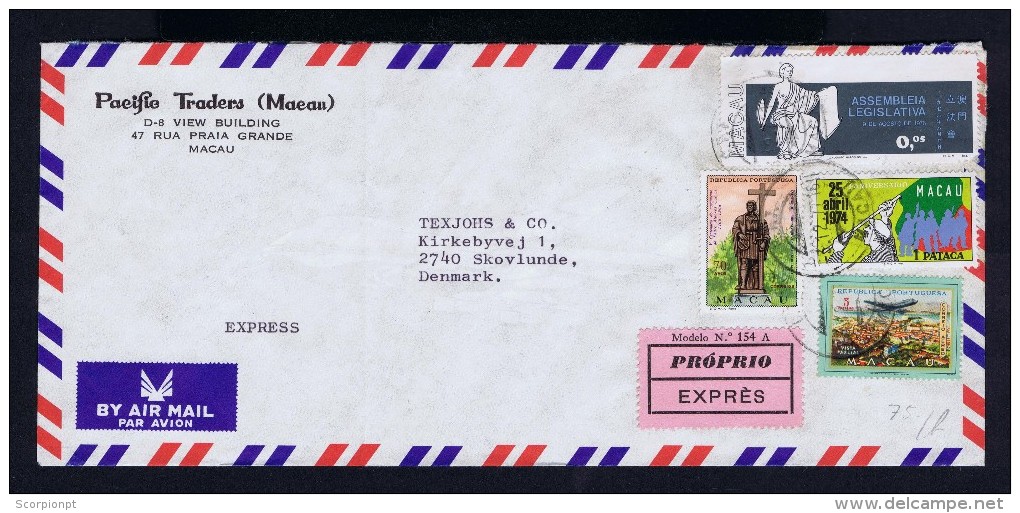 Sp3932 Macao Macau Portugal Expres Cover 1977 Mailed Denmark - Covers & Documents