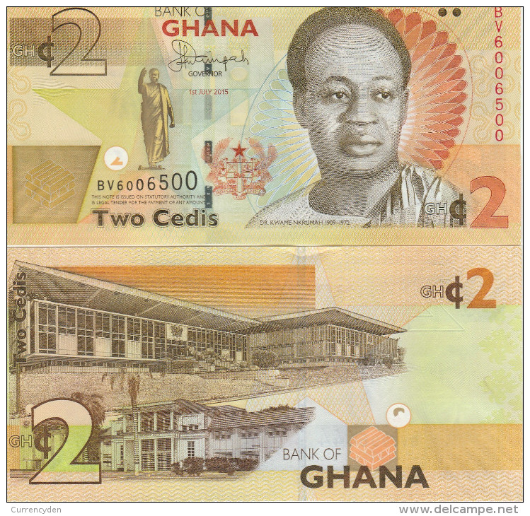 Ghana P-new, 2 Cedi, Nkrumah, Gold Bars / Parliment See UV & W/M Images, UNC - Ghana