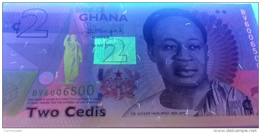 Ghana P-new, 2 Cedi, Nkrumah, Gold Bars / Parliment See UV & W/M Images, UNC - Ghana