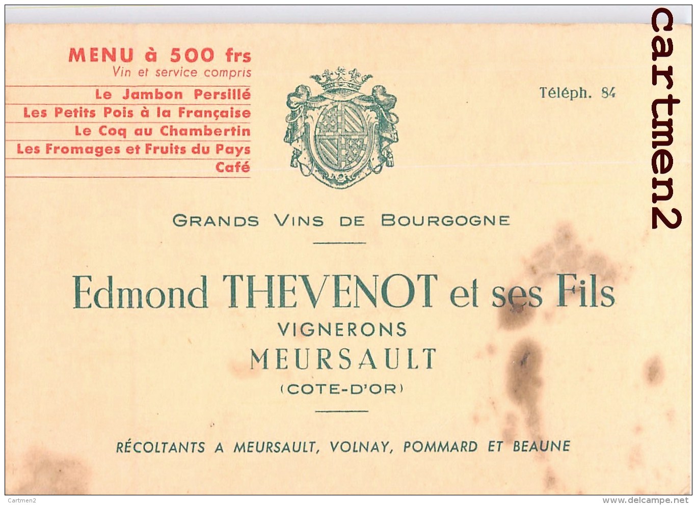 MEURSAULT EDMOND THEVENOT ET FILS LE CHANDELIER HOSTELLERIE CROIX DE CITEAUX VIGNERONS VITICULTURE BOURGOGNE VIN - Meursault