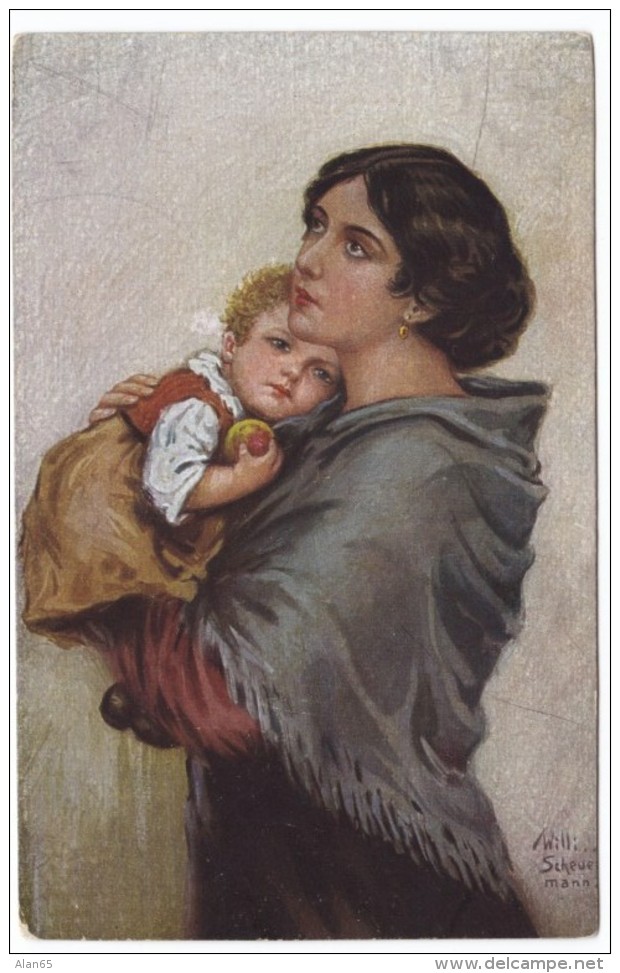 Willi Scheuermann Artist Signed, 'Vaterlos' 'Fatherless', Mother And Child, C1910s Vintage Postcard - Scheuermann, Willi