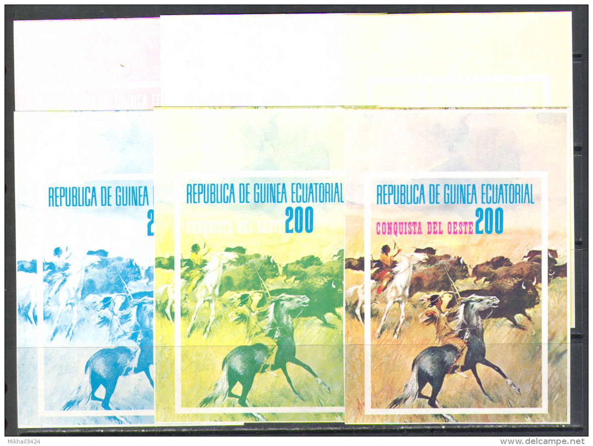 S0737 ✅ Wild West American Indians Horses Hunt 1974 Guinea Equatorial Trial Colours Proof Essay S/s MNH ** Imperf Imp - American Indians