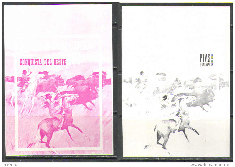 S0737 ✅ Wild West American Indians Horses Hunt 1974 Guinea Equatorial Trial Colours Proof Essay S/s MNH ** Imperf Imp - American Indians