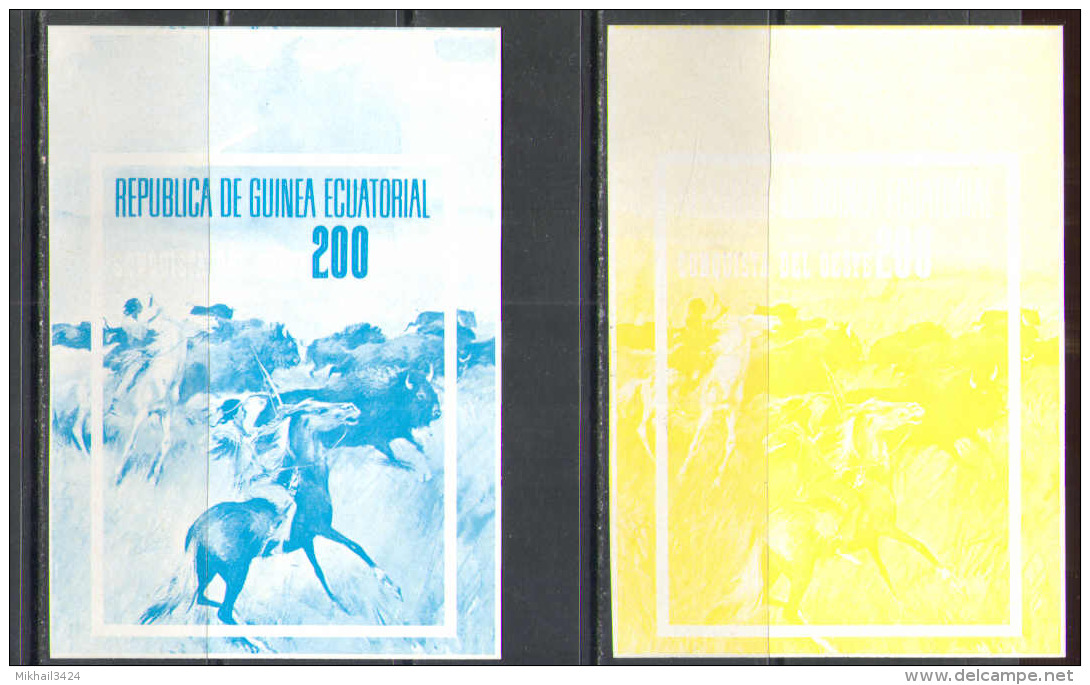 S0737 ✅ Wild West American Indians Horses Hunt 1974 Guinea Equatorial Trial Colours Proof Essay S/s MNH ** Imperf Imp - American Indians