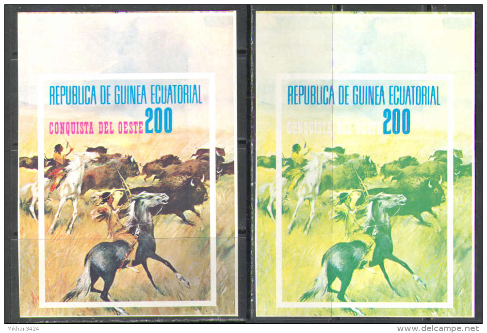 S0737 ✅ Wild West American Indians Horses Hunt 1974 Guinea Equatorial Trial Colours Proof Essay S/s MNH ** Imperf Imp - American Indians