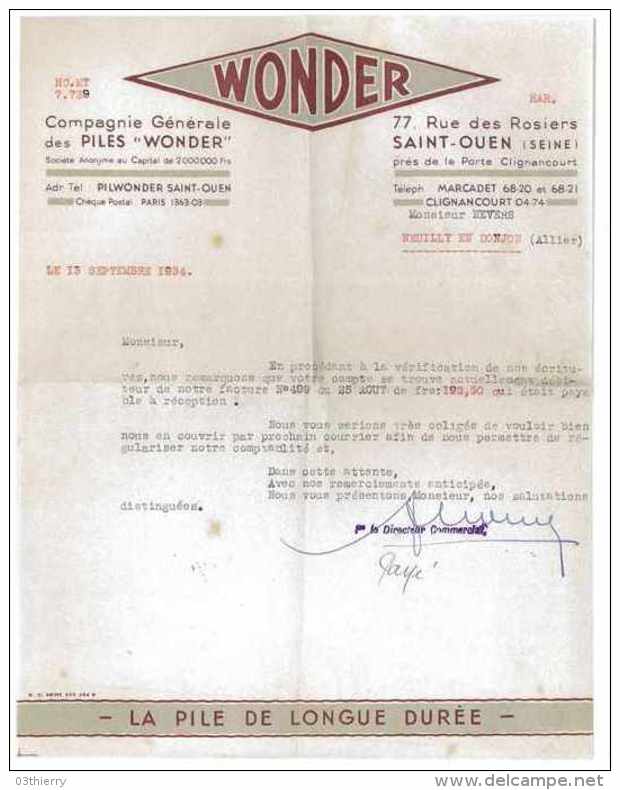 FACTURE COMPAGNIE GENERALE DES PILES WONDER 1934 SAINT-OUEN 93 - Elettricità & Gas