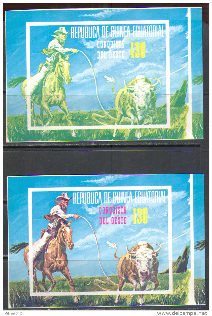 S0749 ✅ Fauna Wild West American Cowboy Horses 1974 Guinea Equatorial Trial Colours Proof Essay 7S/s MNH ** Imperf Imp - American Indians