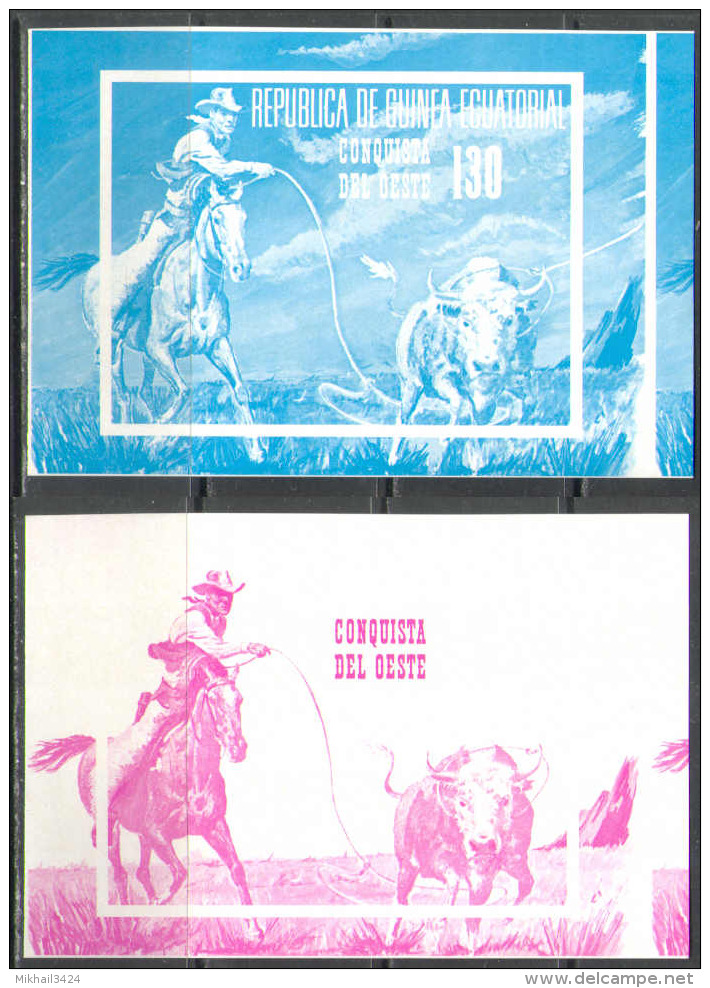 S0749 ✅ Fauna Wild West American Cowboy Horses 1974 Guinea Equatorial Trial Colours Proof Essay 7S/s MNH ** Imperf Imp - American Indians