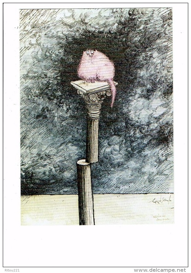 Illustration Ronald Searle - Le Mal Aimé - Chat Assis Sur Une Colonne Cassée .... N°688 - Dressed Animals