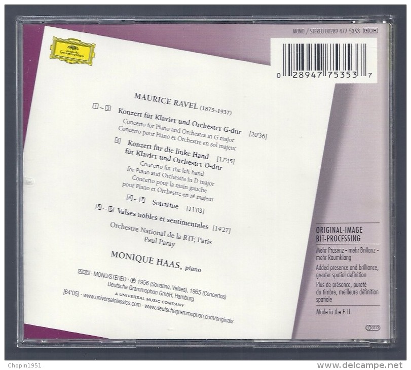 CD -  RAVEL -  CONCERTOS POUR PIANO - PAUL PARAY - MONIQUE HAAS, Piano - Klassik