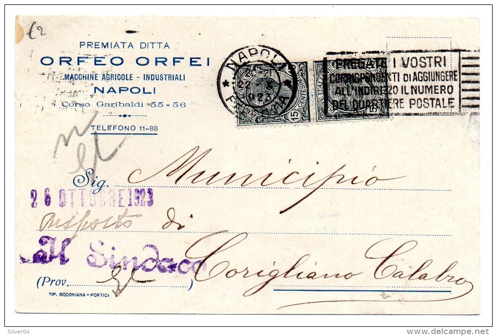 PUBBLICITARIA COMMERCIALE CARTOLINA POSTALE 1923 NAPOLI-ORFEO ORFEI - Marcofilie