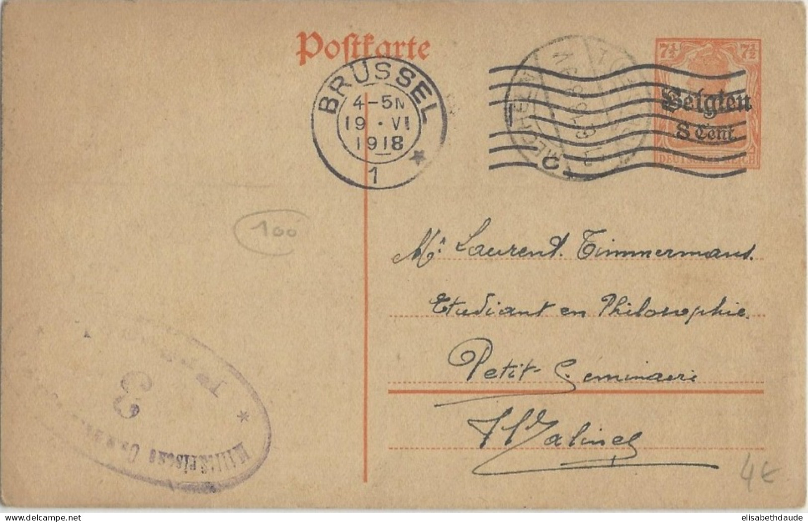 BELGIQUE - 1918 - CARTE ENTIER POSTAL Avec CENSURE De BRUXELLES Pour MALINES (MECHELN) - OC1/25 General Government