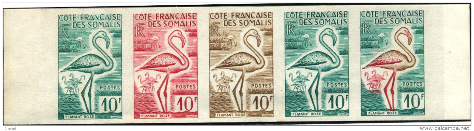 BIRDS-GREATER FLAMINGOS-IMPERF COLOR TRIALS & ARTIST SIGNED PROOF-FRENCH SOMALI COAST-1960-SCARCE-D2-09 - Flamants