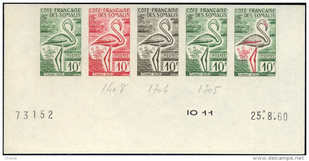 BIRDS-GREATER FLAMINGOS-IMPERF COLOR TRIALS -FRENCH SOMALI COAST-1960-SCARCE-D2-09 - Flamants