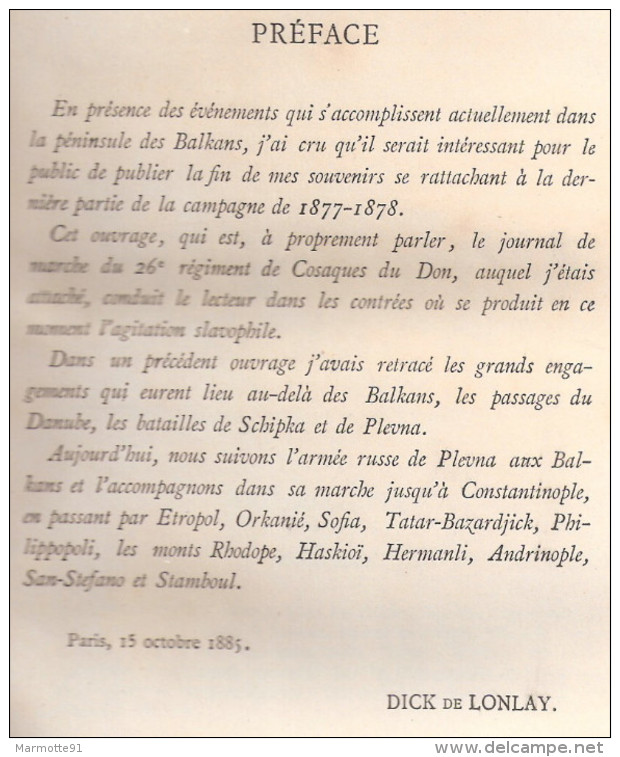 A TRAVERS BULGARIE RECIT DE LONLAY VOLONTAIRE 26e REGIMENT COSAQUE DON ARMEE RUSSE TSAR GUERRE 1877 BALKANS - Français