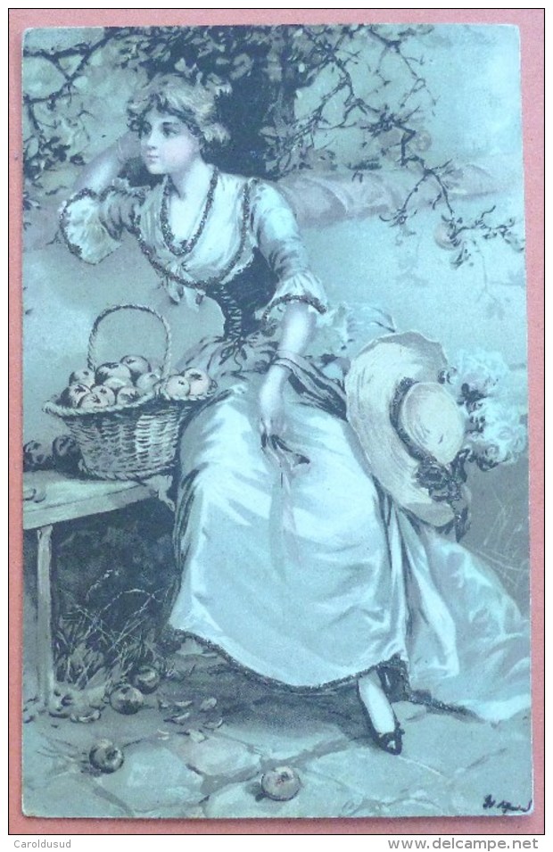 CPA Litho Precurseur Illustrateur CLAPSADDLE ? Femme  Sur Banc Panier Pomme Paillettes 1904 ANVERS BASSINS - Clapsaddle