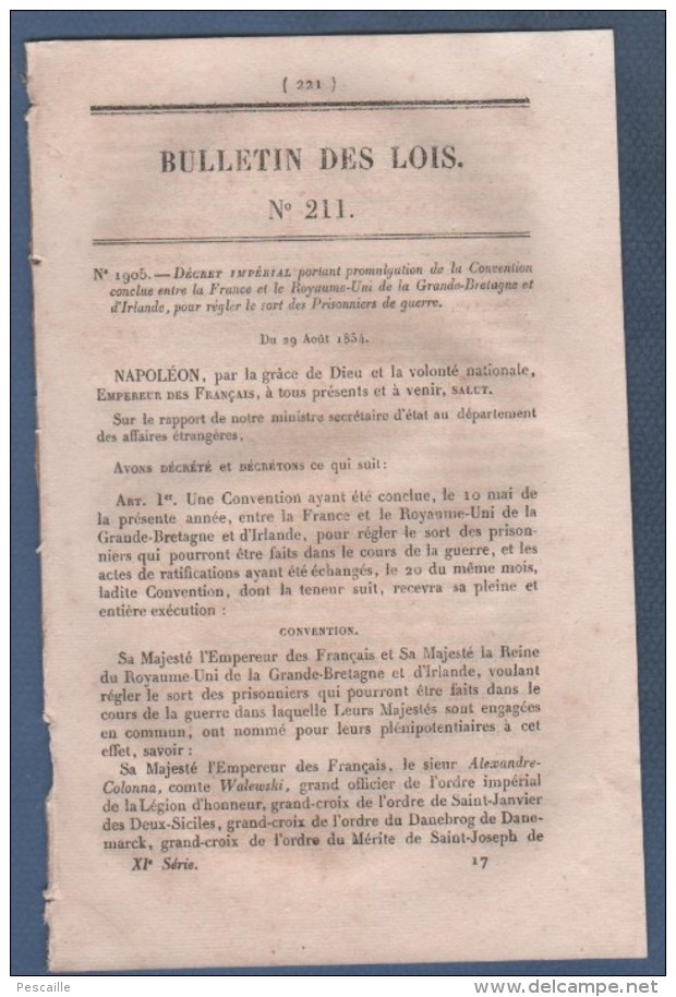 1854 BULLETIN DES LOIS - FRANCE ROYAUME-UNI PRISONNIERS DE GUERRE - LANGEAC - SENEGAL ORGANISATION JUDICIAIRE - NOYEN 77 - Décrets & Lois