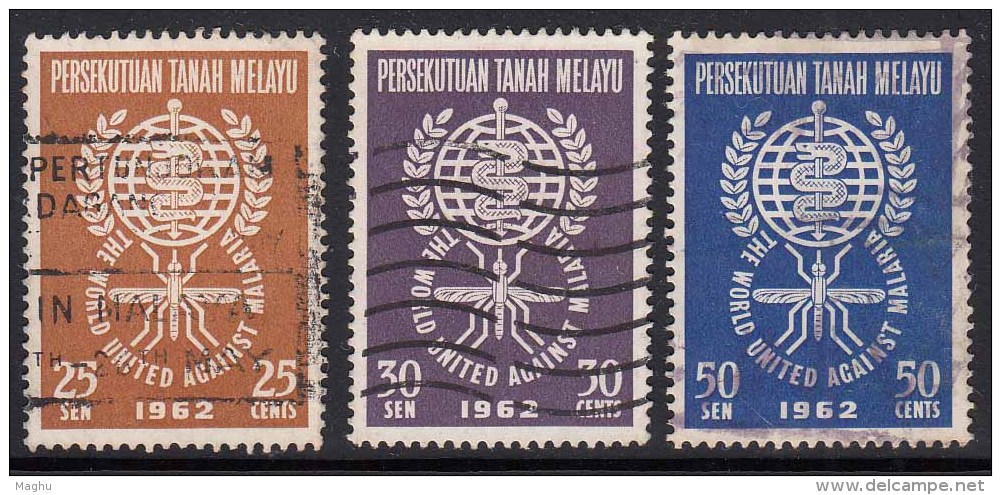 Malaysia Fine Used 1962, Set Of 3, Malaria Eradication, Snake, Insect, Health, Disease,  (sample Image) - Fédération De Malaya