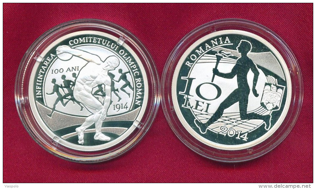 OLYMPIC GAMES 10 LEI 2014 100th ROMANIAN OLYMPIC COMMITTEE,MEDAL PROOF SILVER COIN,250 Pcs UNCIRCULATED VERY RARE - Romania