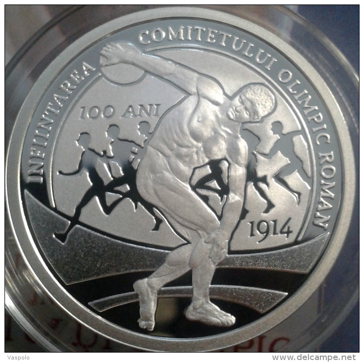 OLYMPIC GAMES 10 LEI 2014 100th ROMANIAN OLYMPIC COMMITTEE,MEDAL PROOF SILVER COIN,250 Pcs UNCIRCULATED VERY RARE - Romania