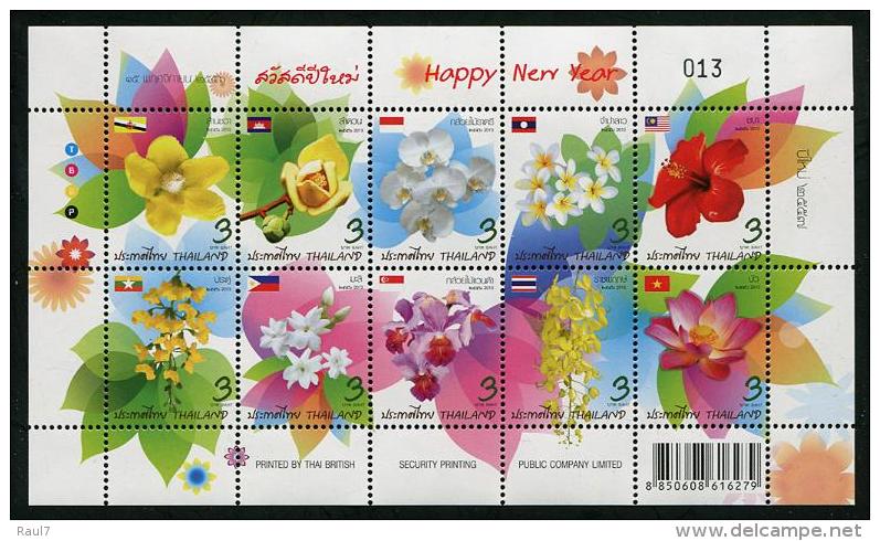 THAÏLANDE 2013 - Fleurs, Orchidées, Drapeaux - Feuillet 10val Neufs // Mnh - Thaïlande