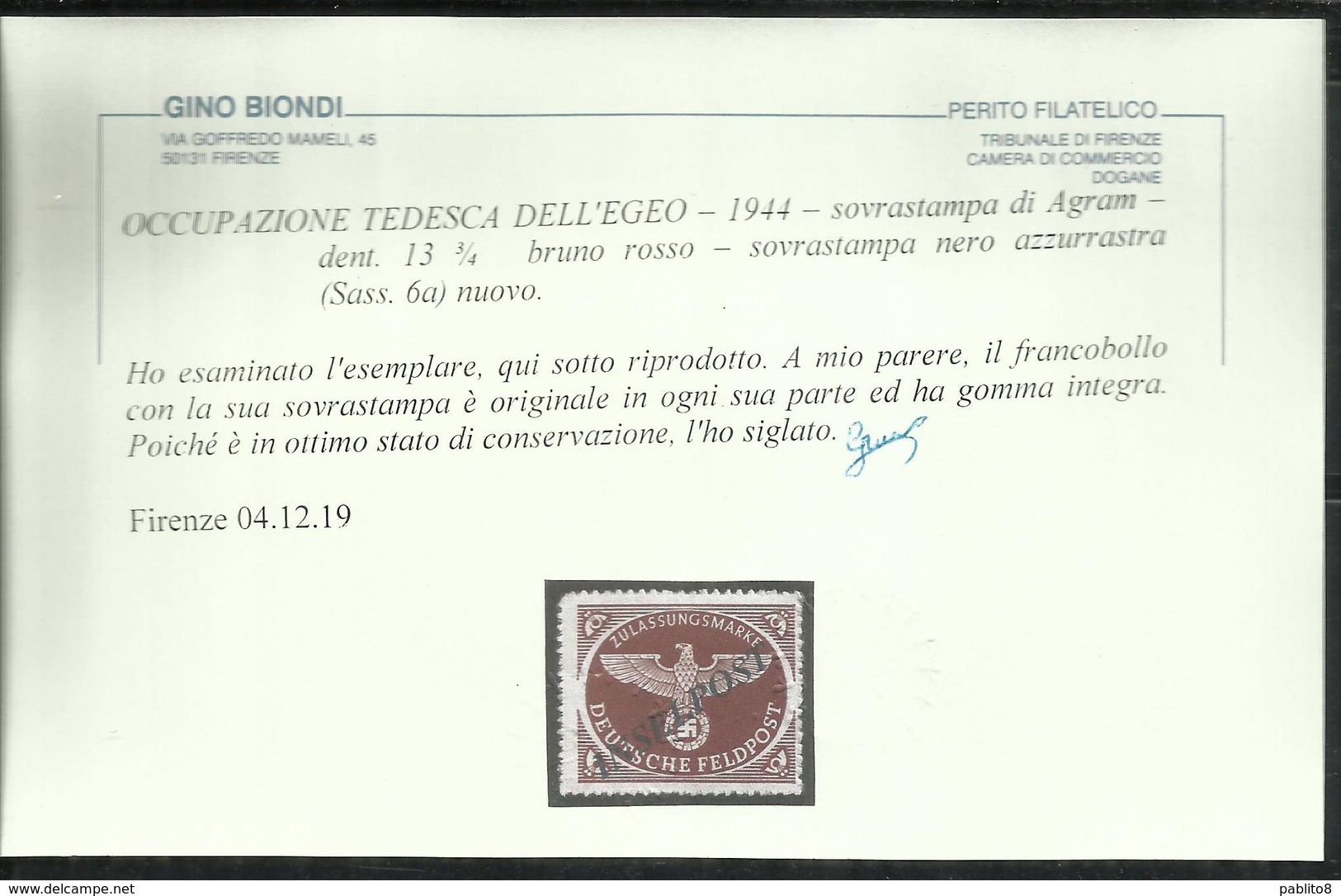 EGEO 1944 OCCUPAZIONE TEDESCA SOPRASTAMPA NERO AZZURRASTRA INSELPOST DI AGRAM DENT 13 1/2 BRUNO ROSSO MNH CERTIFICATO - Ägäis