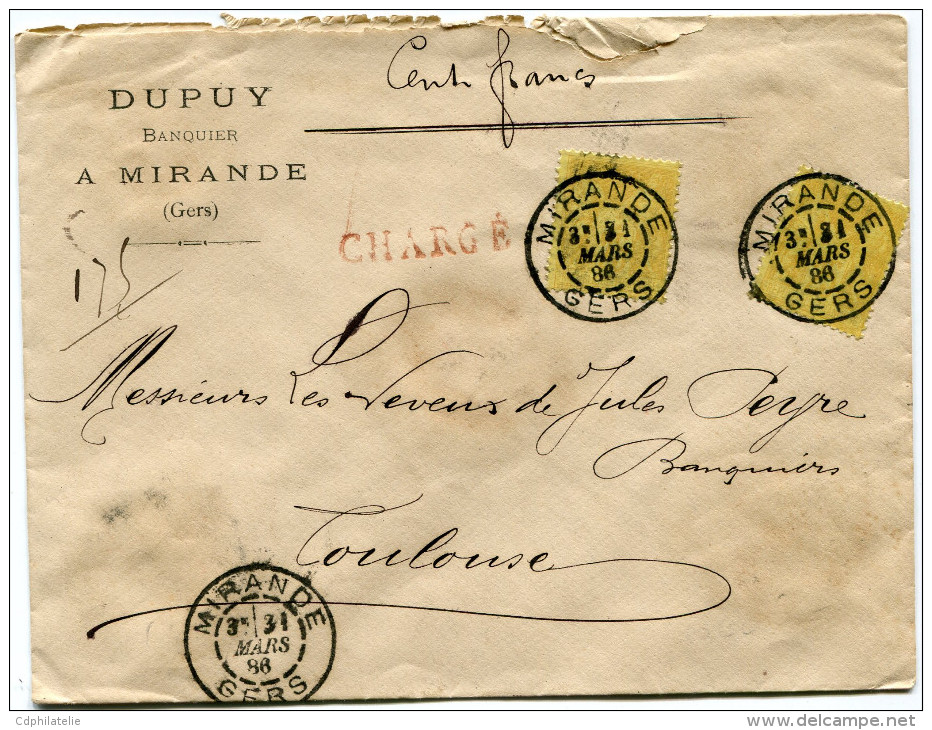 FRANCE LETTRE CHARGEE AFFRANCHIE AVEC DEUX N°92 DEPART MIRANDE 31 MARS 86 GERS POUR LA FRANCE - 1877-1920: Période Semi Moderne