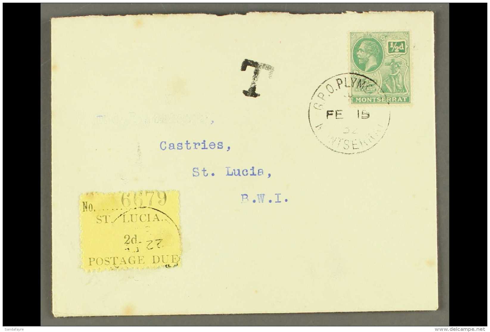 1932 POSTAGE DUE Inward Envelope From Montserrat, Bearing &frac12;d Tied By Plymouth Cds, Postage Due 2d Black On... - St.Lucia (...-1978)