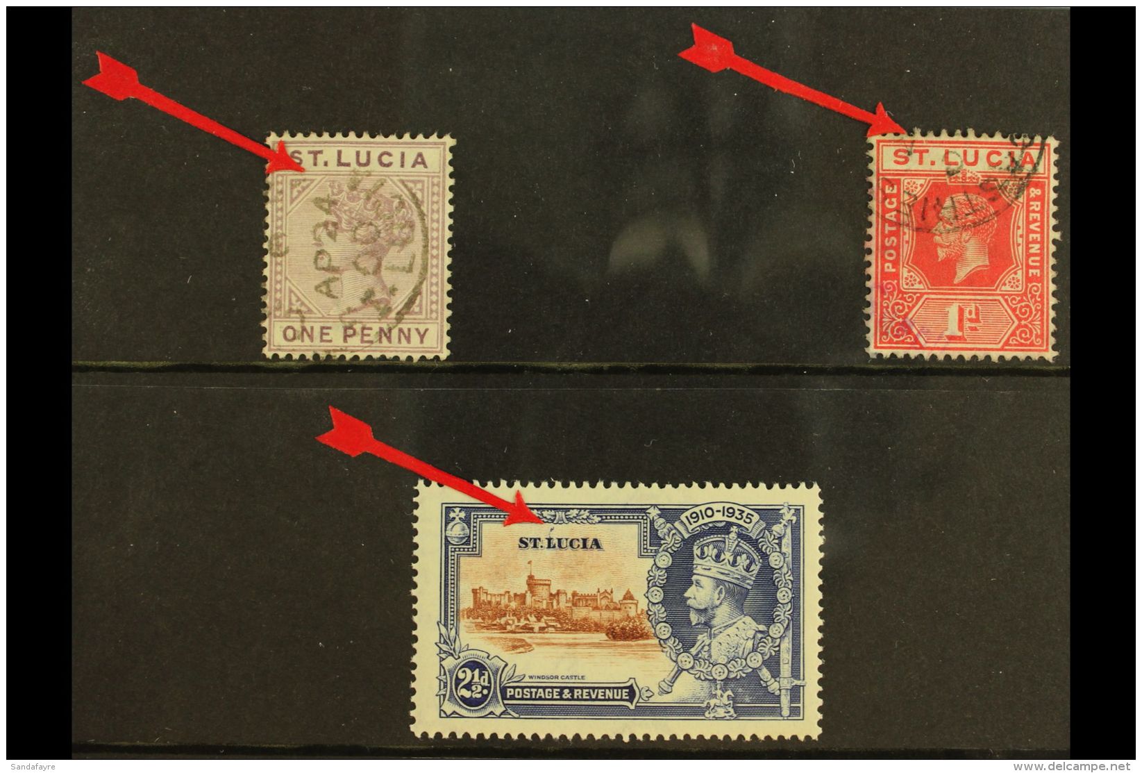 1891-1935 VARIETIES 1891 1d Dull Mauve Die II 'Broken Triangle' Variety (SG 44 Var) Used, 1912-21 1d Scarlet... - St.Lucia (...-1978)