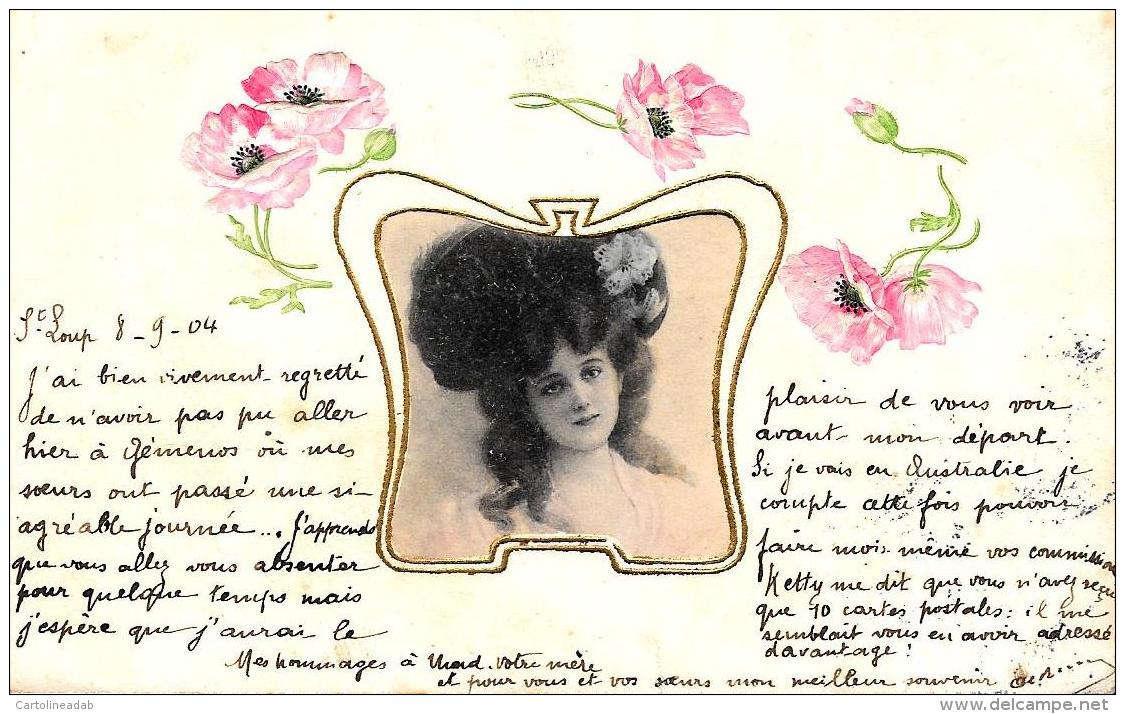 [DC2726] CPA - IN RILIEVO - DONNA CON FIORI - CORNICE D'ORATA - Viaggiata 1904 - Old Postcard - Frauen