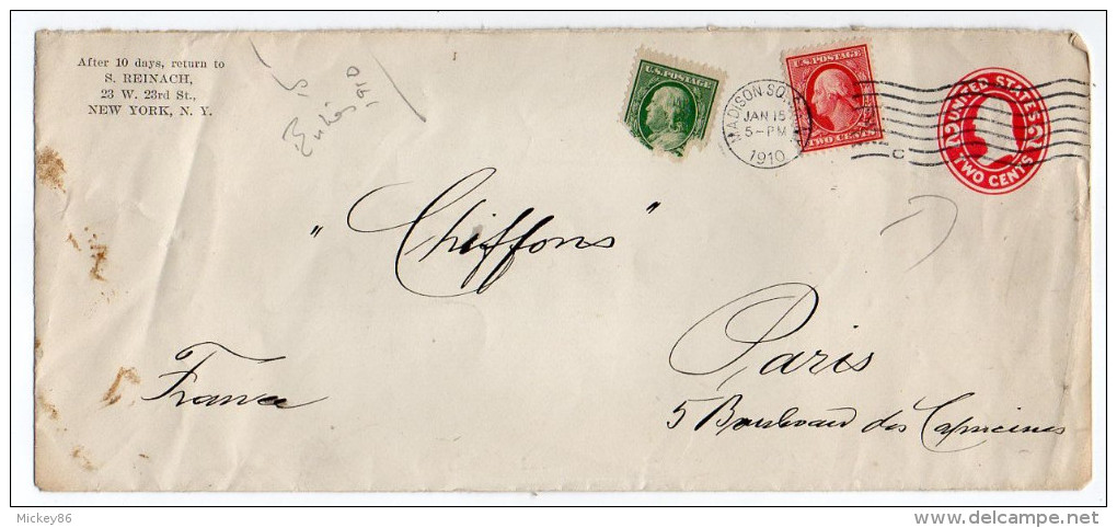 USA--1910-Entier Postal +complt Timbres  De NEW YORK  Pour PARIS-France- Timbres , Cachet MADISON SQUARE N-Y - Lettres & Documents