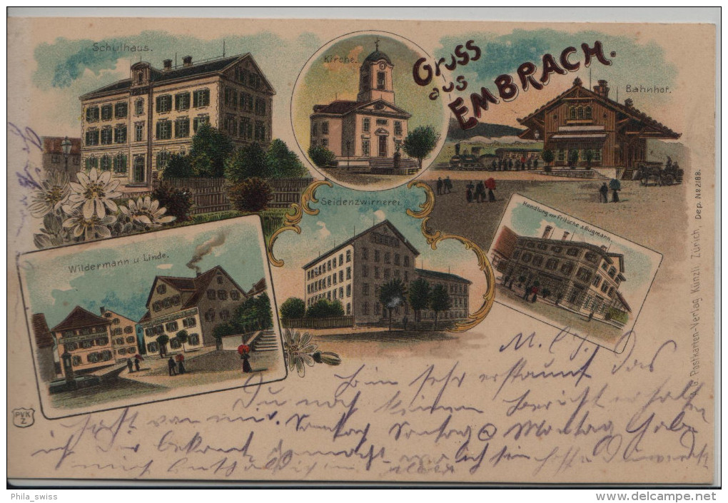 Embrach - Farbige Litho - Schulhaus, Kirche, Bahnhof, Wildermann Und Linde, Seidenzwirnerei, Handlung Fritsche - Embrach