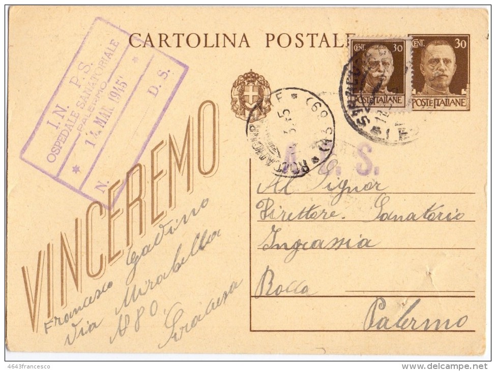 1945 Cartolina Postale Valori Gemelli 30c  Per Palermo  Q1 - Nuovi