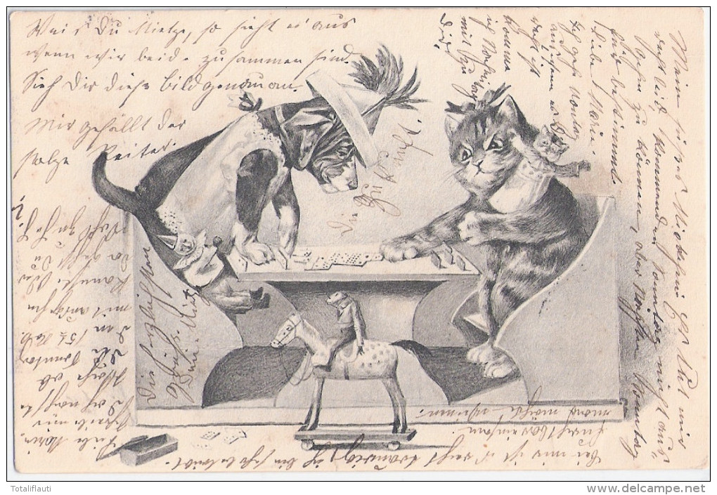 HUND + KATZE Spielen Domino M Spielzeug Figuren Kasperle Schaukelpferd Affe 7.11.1903 Dogs Cats - Gatos